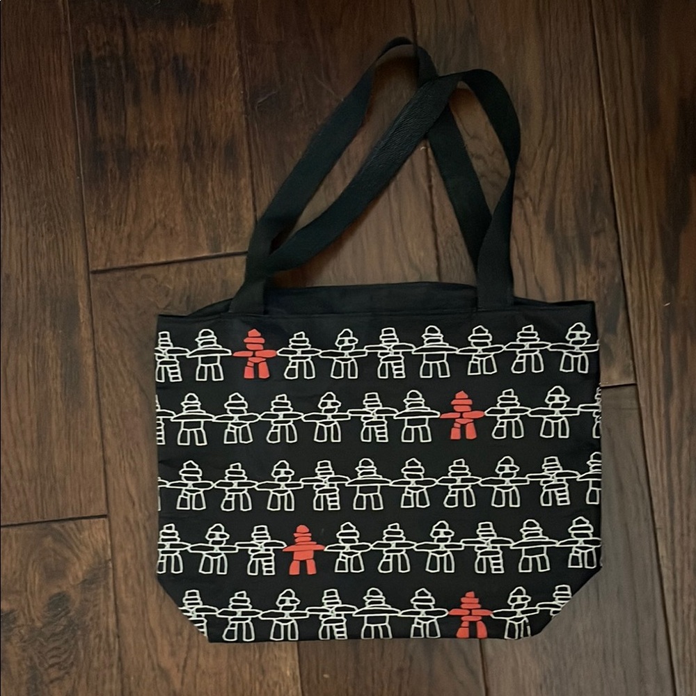 Black Tote Bag with Red and White Inukshuk pattern